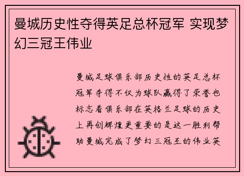 曼城历史性夺得英足总杯冠军 实现梦幻三冠王伟业